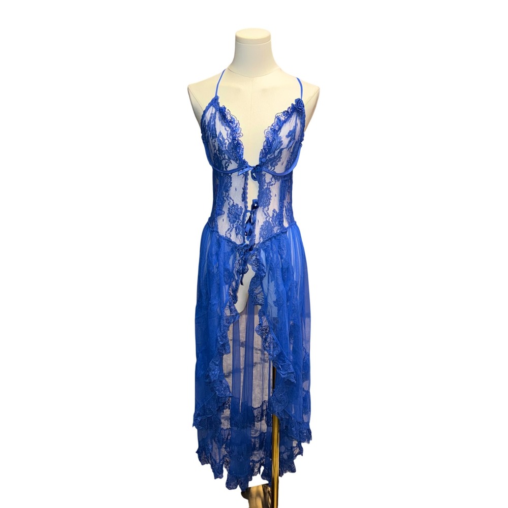 Vintage Blue Lace Halter Negligee Lingerie Fairy Whimsigoth Asymmetrical Slip